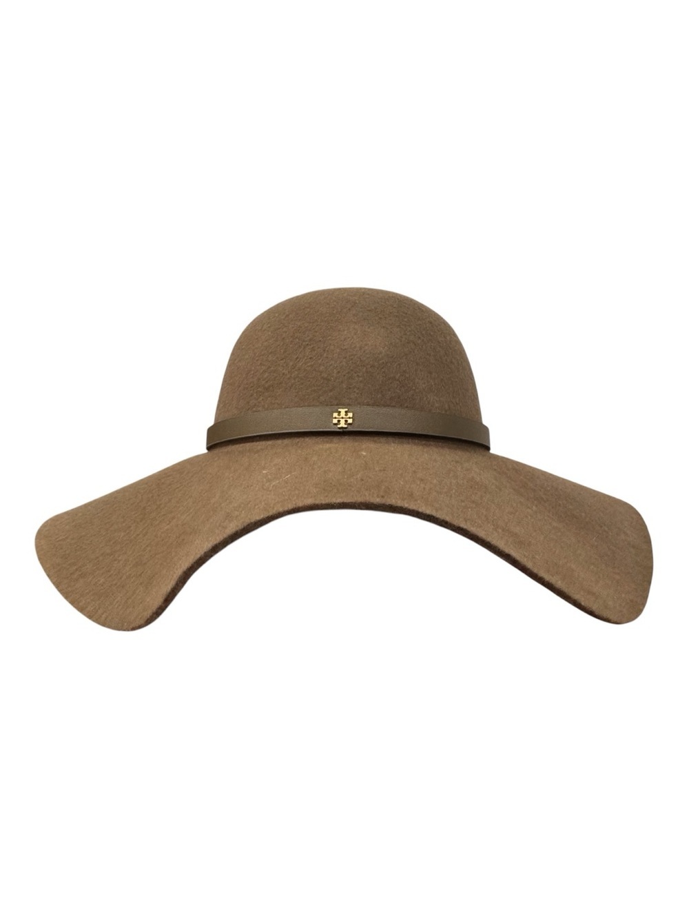 Tory Burch Wool Wide Brim Floppy Hat Taupe Brown Double T Logo One Size